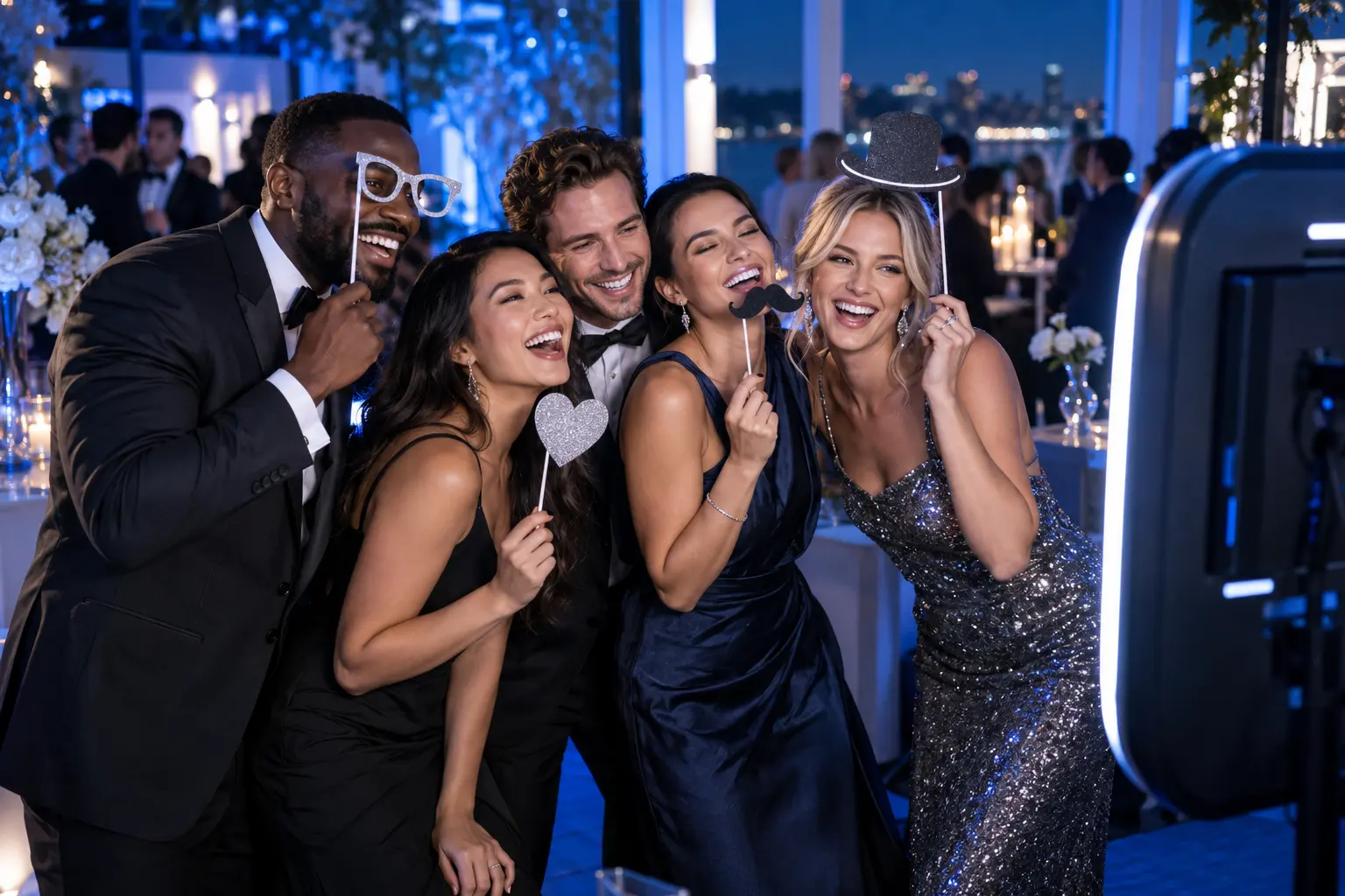 Friends celebrating together at a blue-lit photo booth