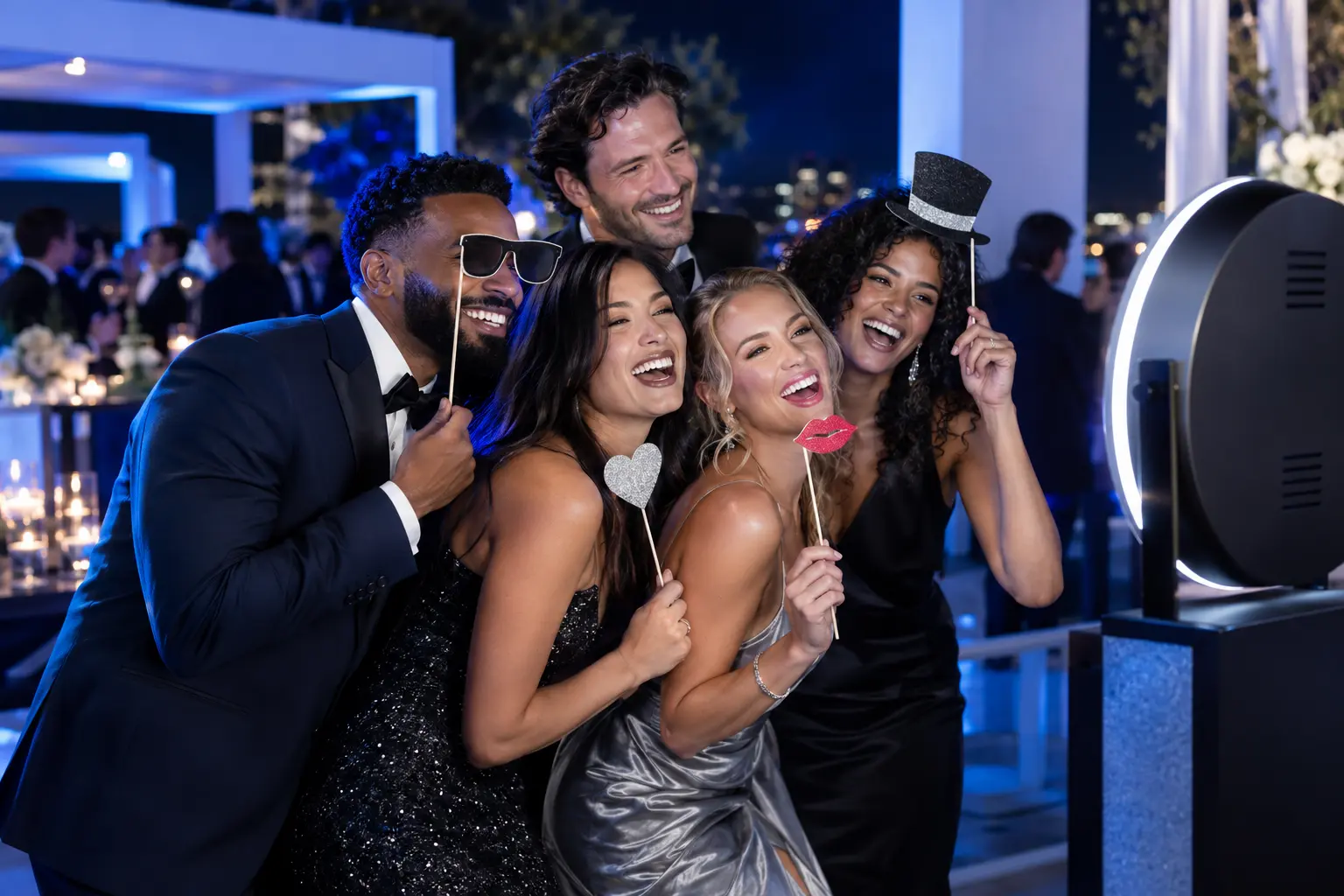 Guests enjoying an elegant blue-lit photo booth